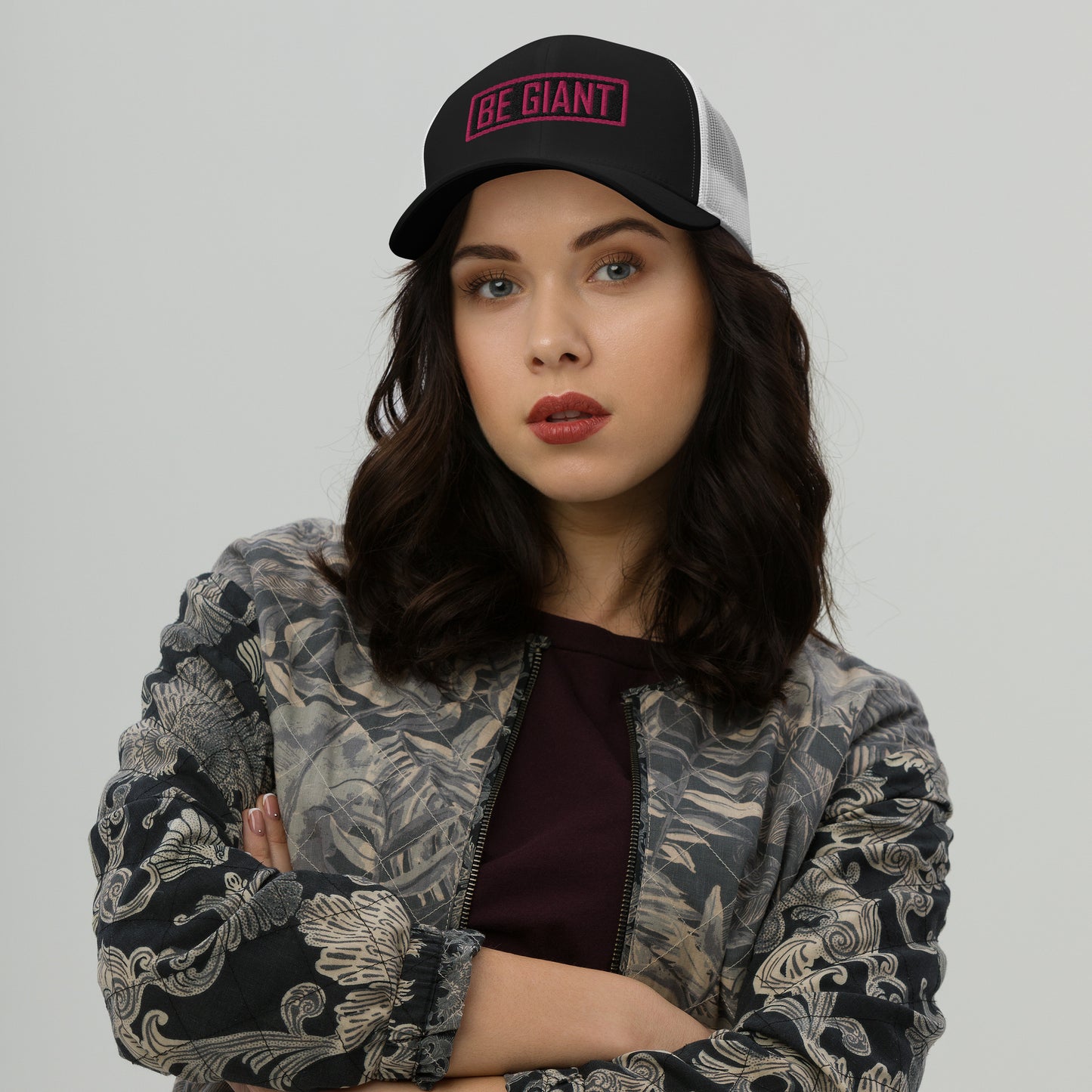 BE GIANT Black and Pink Lettering Trucker Cap
