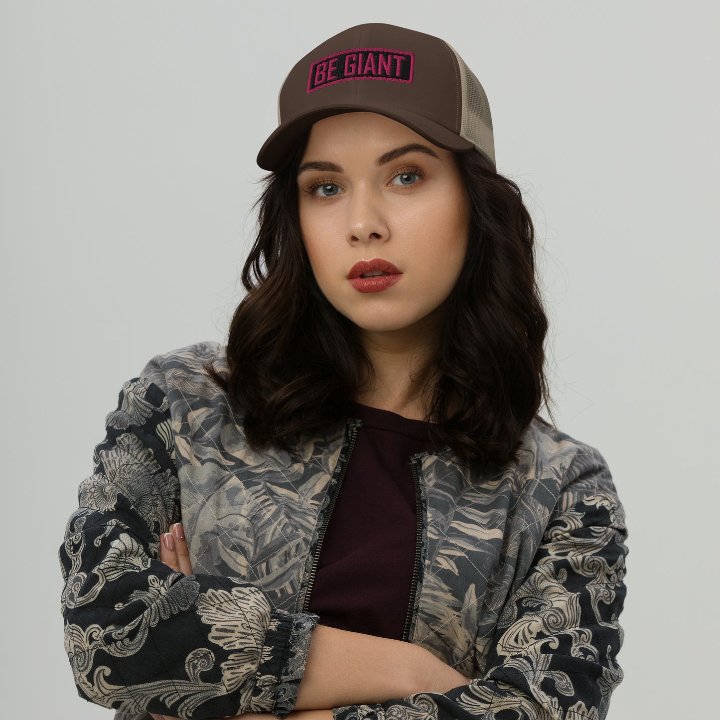 BE GIANT Black and Pink Lettering Trucker Cap